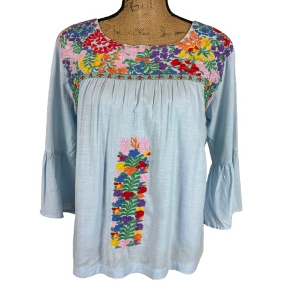 J. Marie Embroidered Bell Sleeve Blouse Linen Blend Blue Resortwear SIze XS